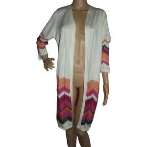 Christopher&Banks Open Front Long Cardigan Sweater PM ivory orange pink chevron